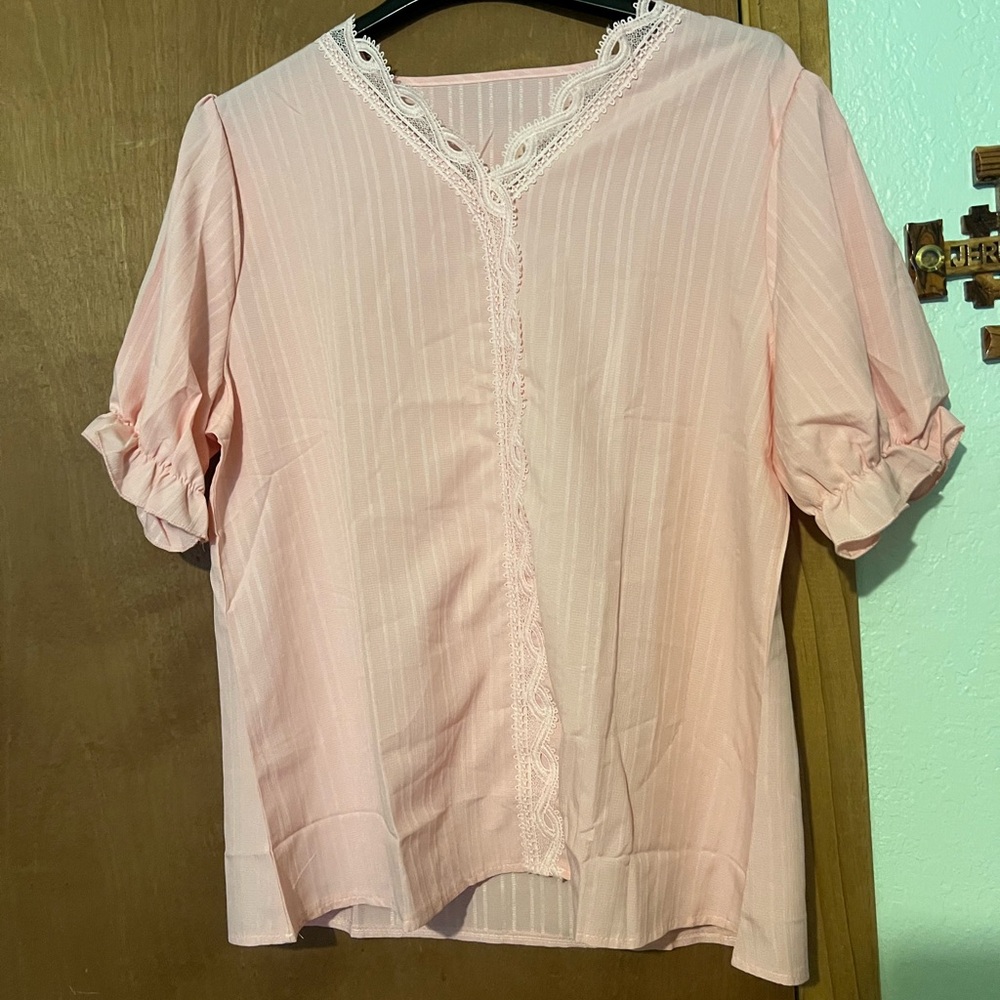 Elegant Pink Lace Trim Blouse